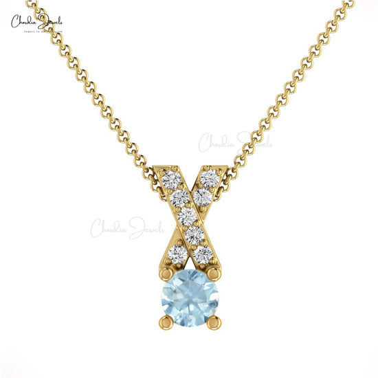 Natural Aquamarine Criss Cross Pendant in 14K Gold for Anniversary