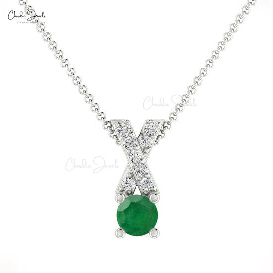 Criss-Cross Pendant With Natural Emerald & Round Diamond 14k Real Gold Unique Pendant 