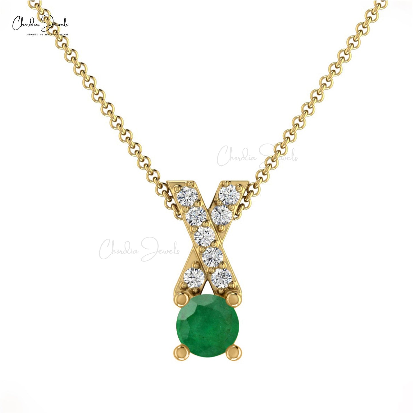 Load image into Gallery viewer, G-H Diamond 14K Gold Round Cut Emerald Criss Cross Pendant for Gift
