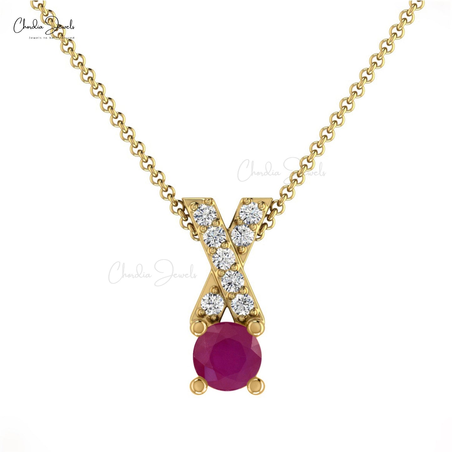 Genuine 14K Gold Ruby & Round Diamond Criss Cross Pendant