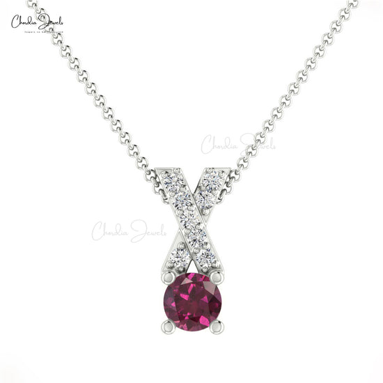 Delicate 14K Gold Rhodolite Garnet & G-H Diamond Criss Cross Pendant Necklace