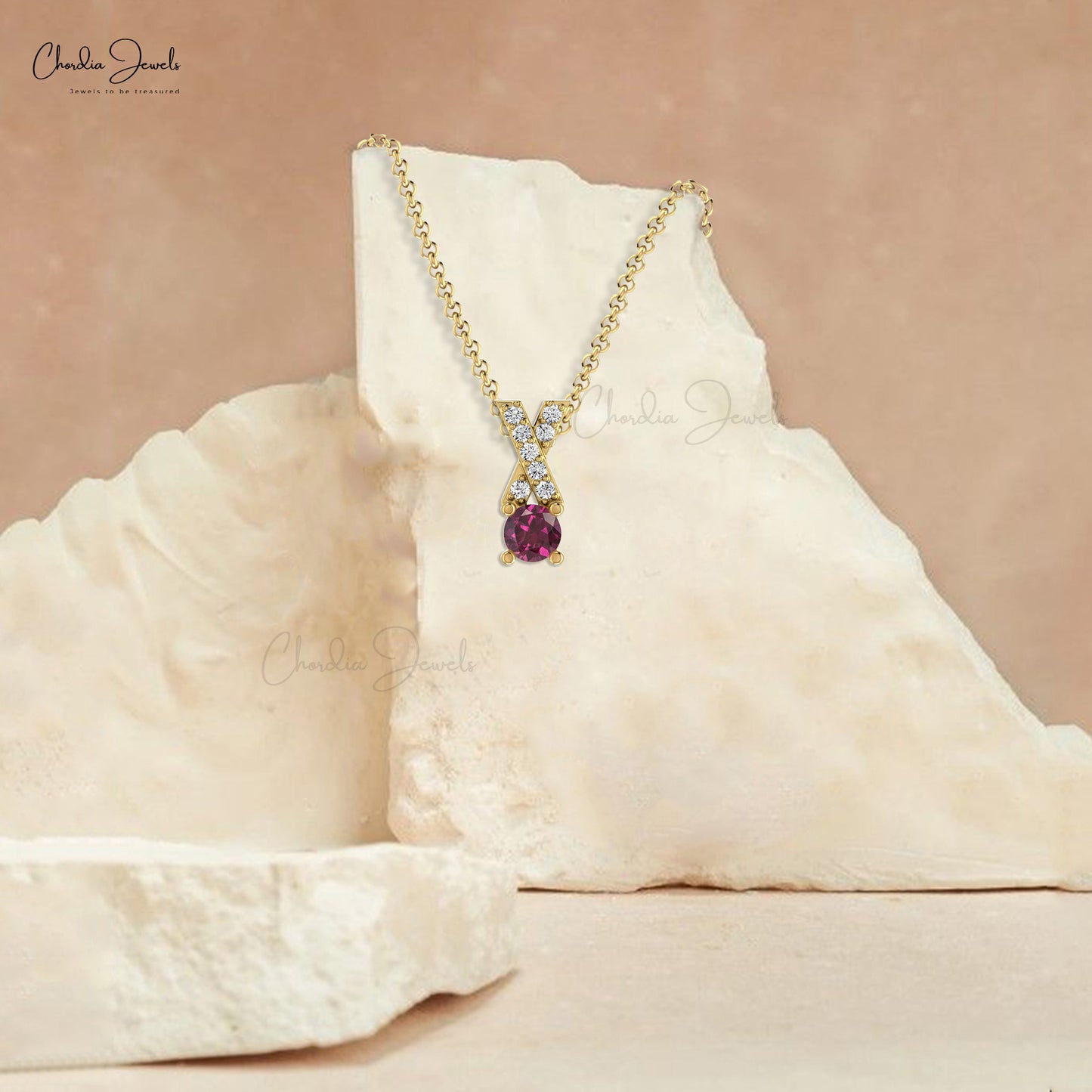 Delicate 14K Gold Rhodolite Garnet & G-H Diamond Criss Cross Pendant Necklace