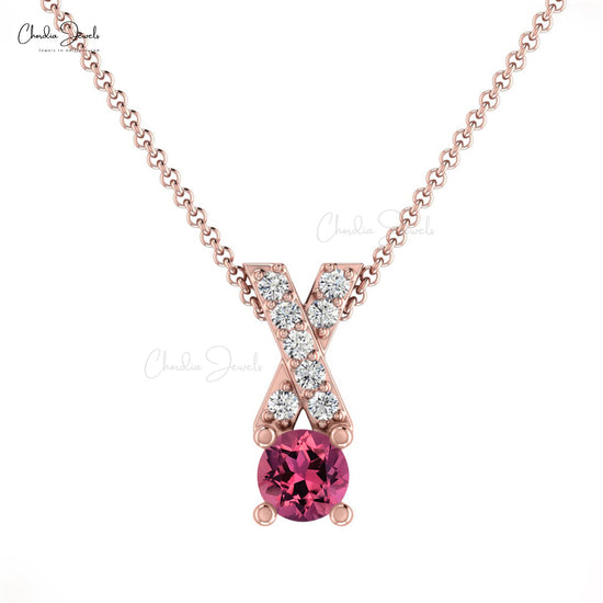 Load image into Gallery viewer, Pink Tourmaline &amp;amp; Diamond Criss Cross Pendant in 14K Gold October Birthstone
