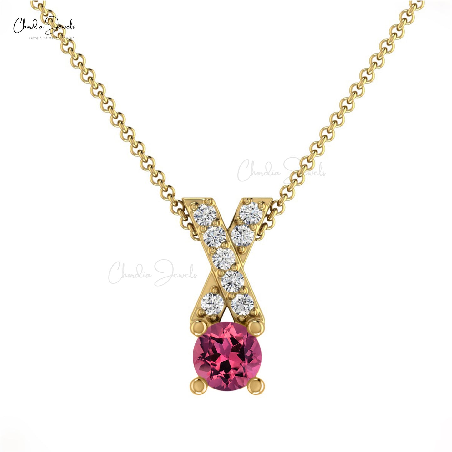 Load image into Gallery viewer, Pink Tourmaline &amp;amp; Diamond Criss Cross Pendant in 14K Gold October Birthstone
