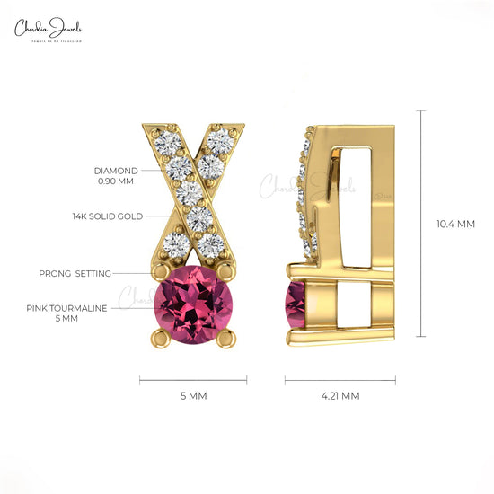 Pink Tourmaline & Diamond Criss Cross Pendant in 14K Gold October Birthstone