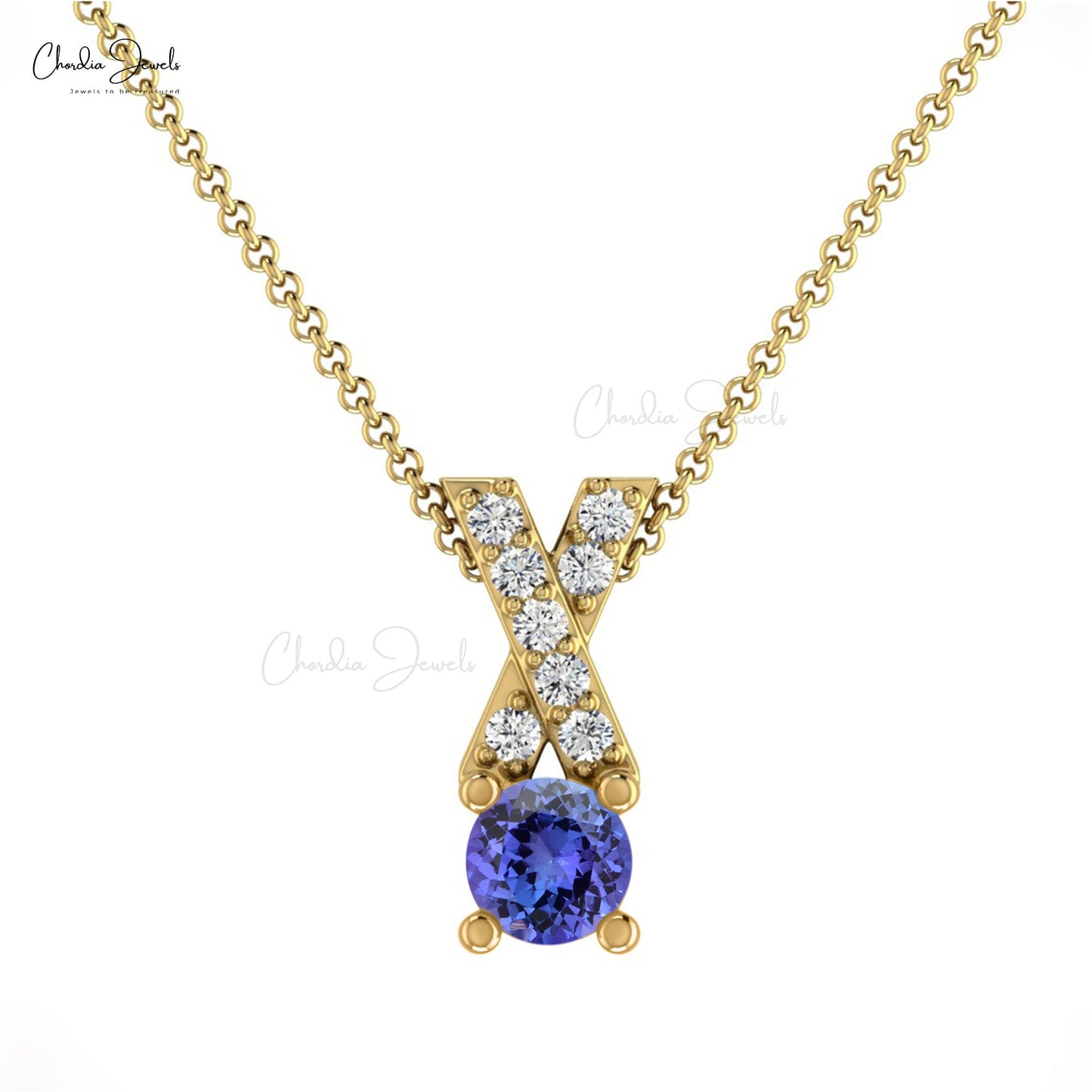 Simple Vintage Criss-Cross Dainty Pendant 5mm Round Cut Natural Tanzanite and White Diamond Pendant Necklace in 14k Solid Gold Jewelry For Gift
