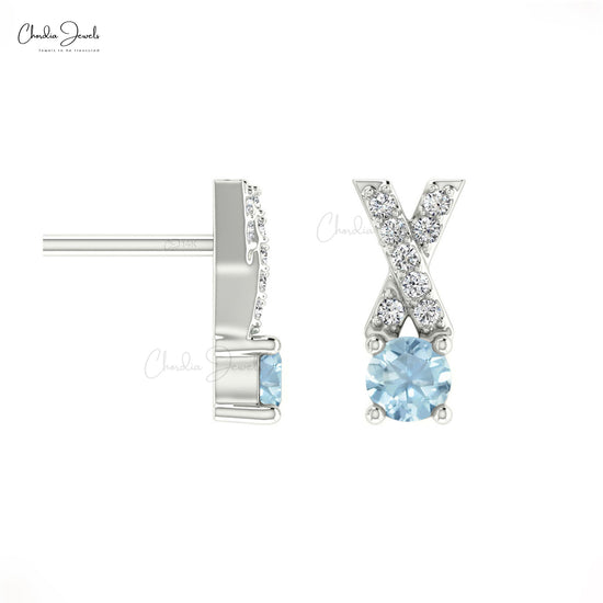 Excellent Prong Set Aquamarine 14K Gold Criss Cross Earring with White Diamond