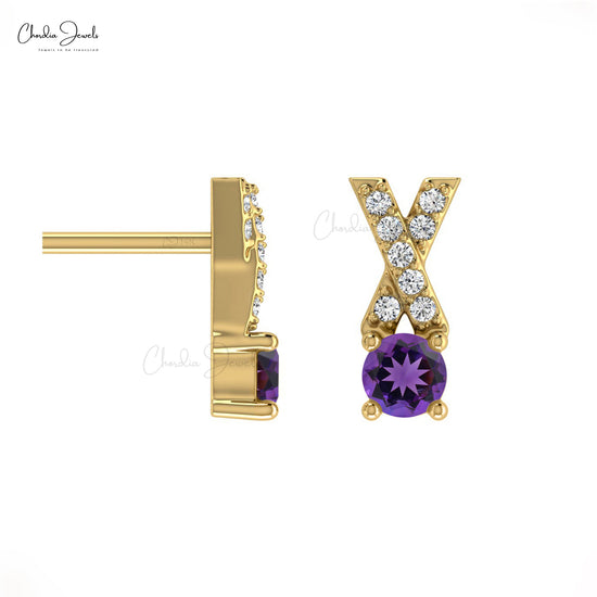 Round Amethyst with Diamond accent in 14k Criss Cross Gold  earrings