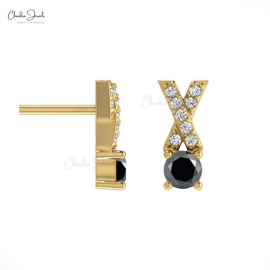 Load image into Gallery viewer, April Birthstone Black Diamond Criss Cross Earring 14k Solid Gold White Diamond Earring  5mm Round Cut Handmade Gemstone Earrings For Wife
