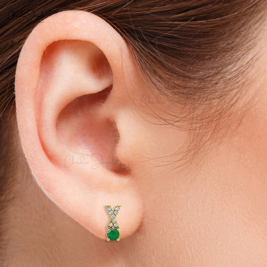 Green Emerald 5mm Round Cut Criss Cross Studs Genuine 14k Real Gold Diamond Push Back Dainty Earrings Grace Jewelry For Her