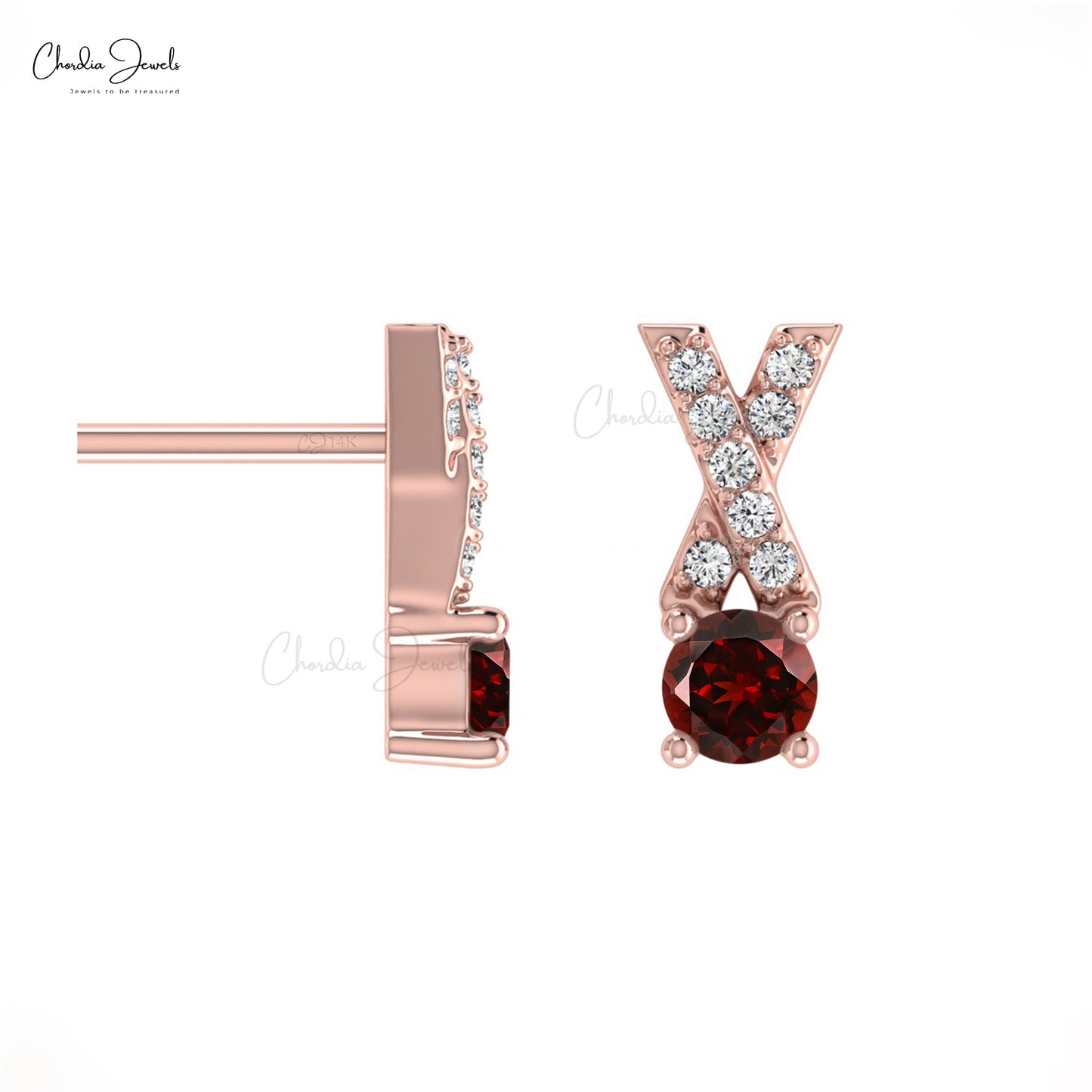 Fine Jewelry 14K Gold Prong Set Garnet & Round Diamond Criss Cross Earring