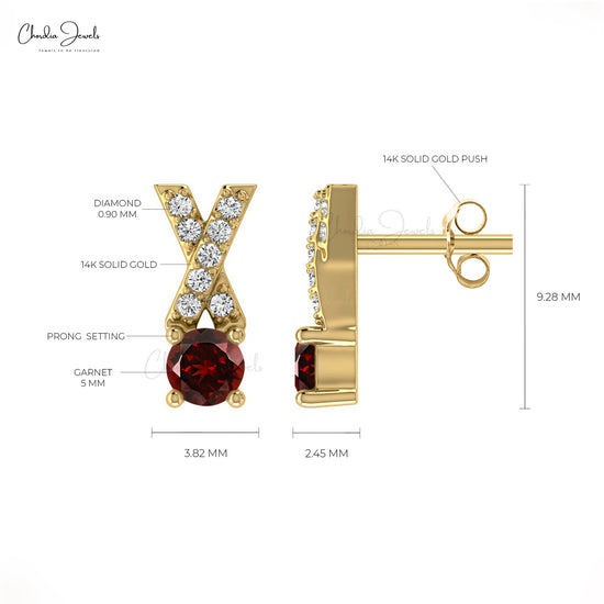 Fine Jewelry 14K Gold Prong Set Garnet & Round Diamond Criss Cross Earring