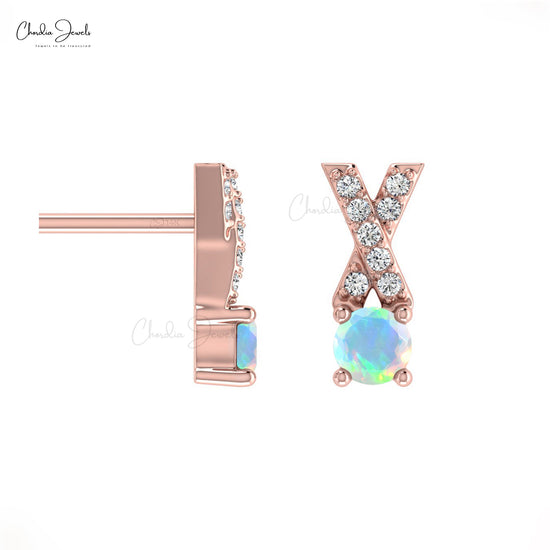 Load image into Gallery viewer, Natural Ethiopian Opal Handmade Studs Earring 14k Solid Gold White Diamond Earring 5mm Round Cut Handmade Gemstone Criss Cross Earring For Women&amp;#39;s
