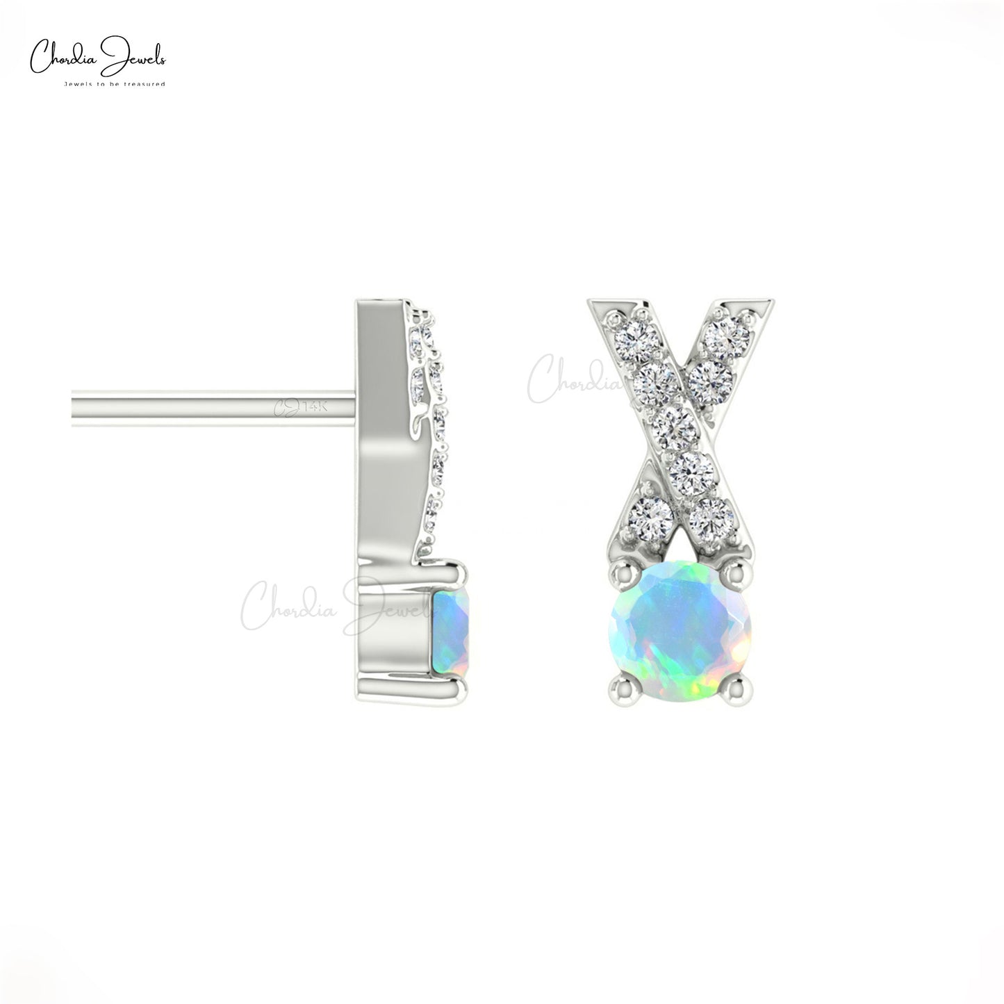Natural Ethiopian Opal Handmade Studs Earring 14k Solid Gold White Diamond Earring 5mm Round Cut Handmade Gemstone Criss Cross Earring For Women's