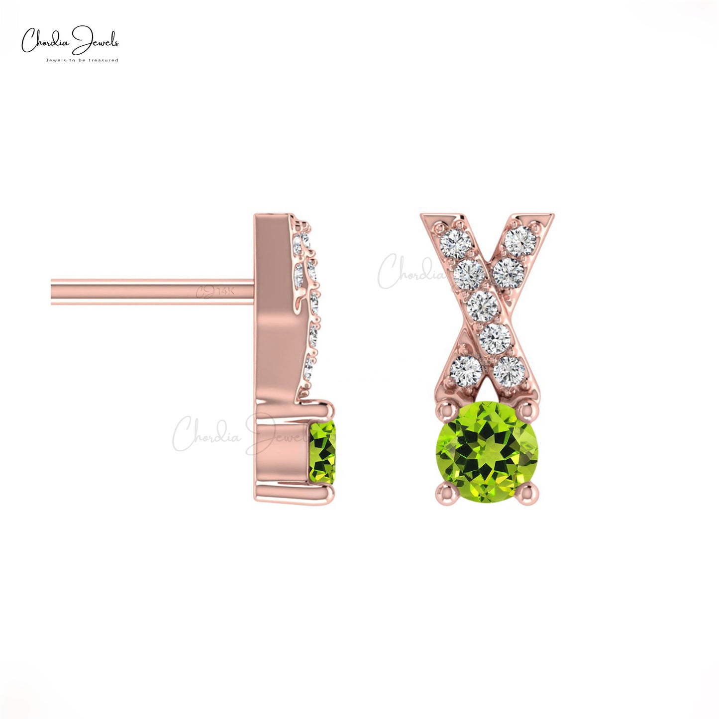 Natural Peridot Criss Cross Studs Earring 14k Solid Gold White Diamond Earring 5mm Round Cut Handmade Gemstone  Earring For Anniversary Gift