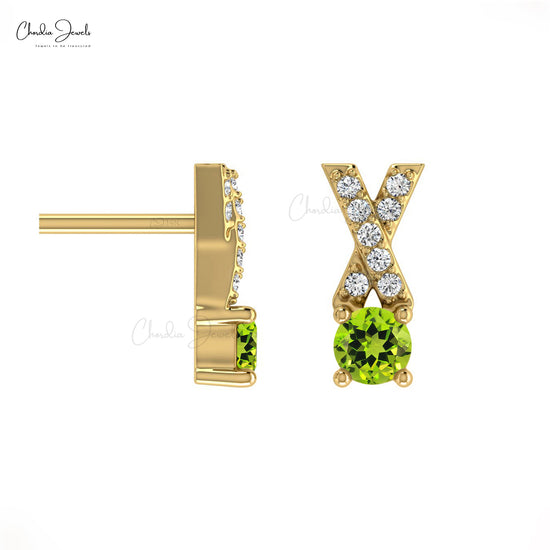 Natural Peridot Criss Cross Studs Earring 14k Solid Gold White Diamond Earring 5mm Round Cut Handmade Gemstone  Earring For Anniversary Gift