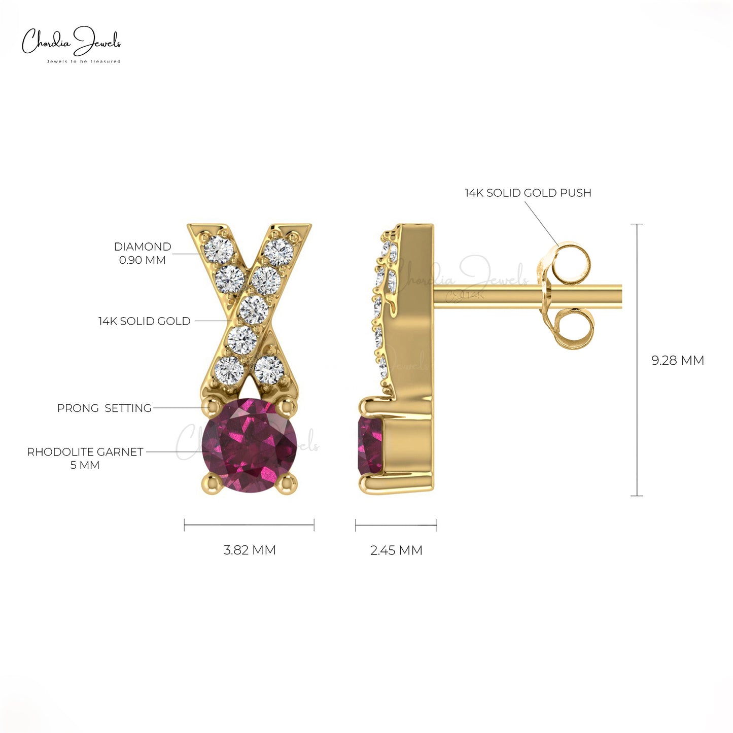14k Solid Gold Rhodolite Garnet & Diamond Studs 