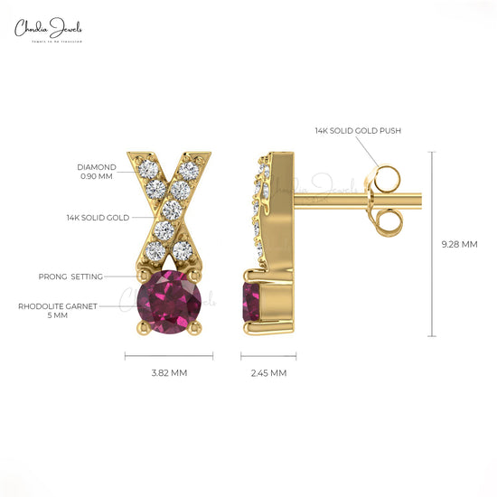 14k Solid Gold Rhodolite Garnet & Diamond Studs 