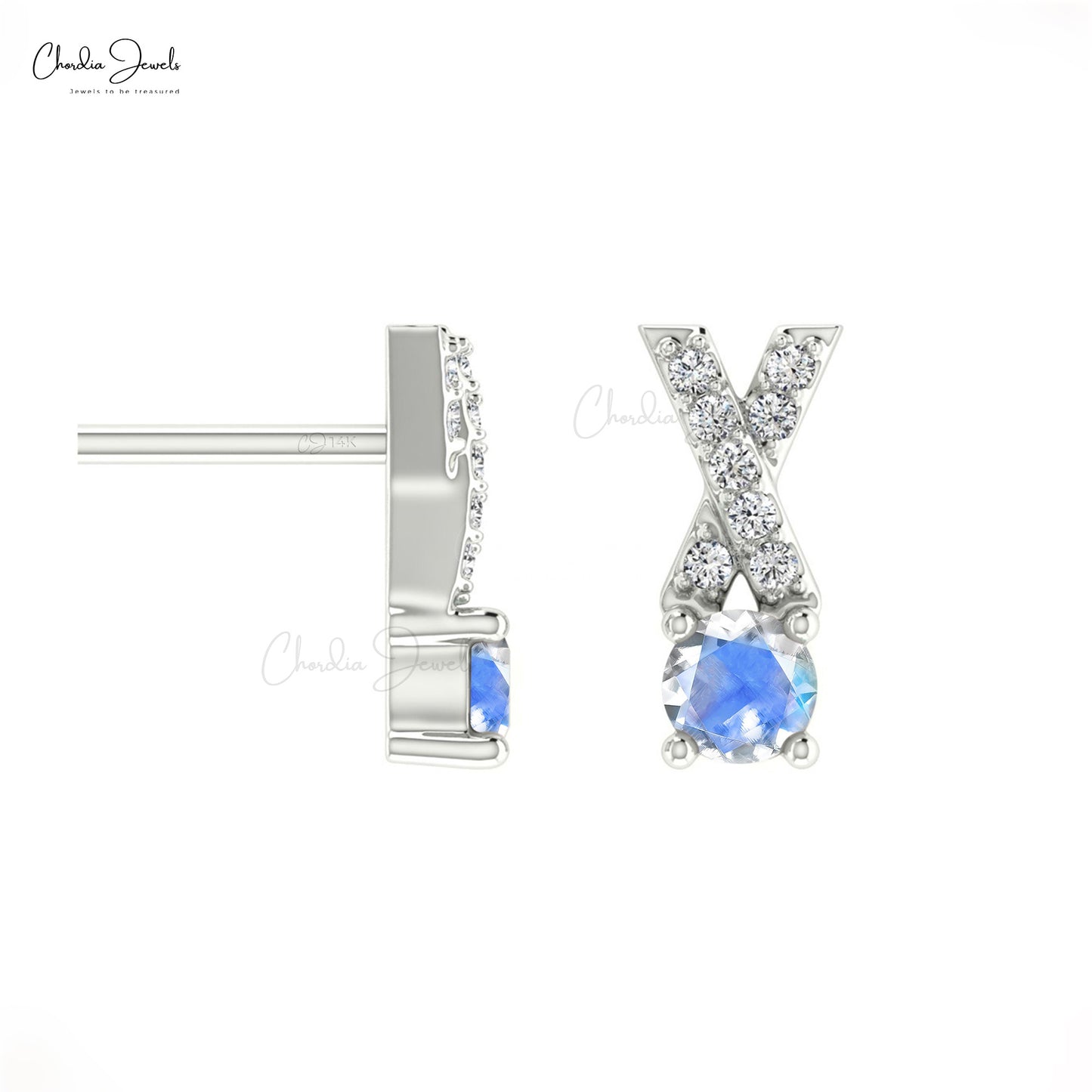 Excellent Prong Set Rainbow Moonstone 14K Gold Criss Cross Earring with White Diamond