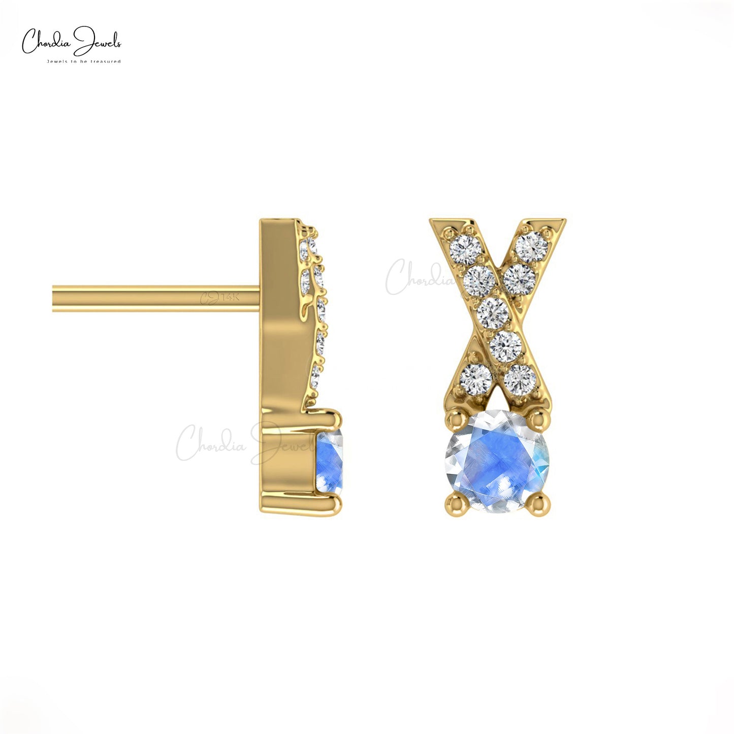 Excellent Prong Set Rainbow Moonstone 14K Gold Criss Cross Earring with White Diamond