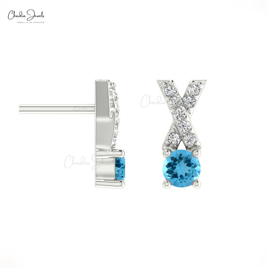 Natural Swiss Blue Topaz Studs Earring In 14k Solid Gold With White Diamond Criss Cross Earring 5mm Round Cut Handmade Gemstone Earring For Women's