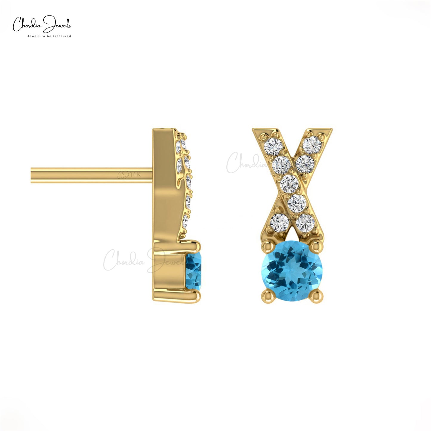 Natural Swiss Blue Topaz Studs Earring In 14k Solid Gold With White Diamond Criss Cross Earring 5mm Round Cut Handmade Gemstone Earring For Women's