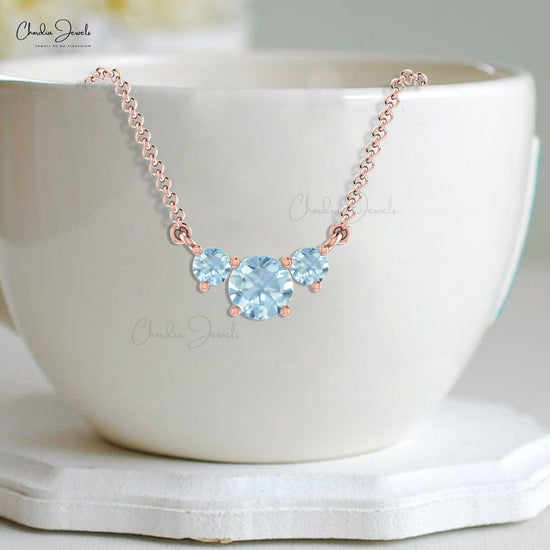 Solid 14k Gold 3 Stone Necklace In 0.69 Ct Aquamarine Gemstone Hallmarked Necklace