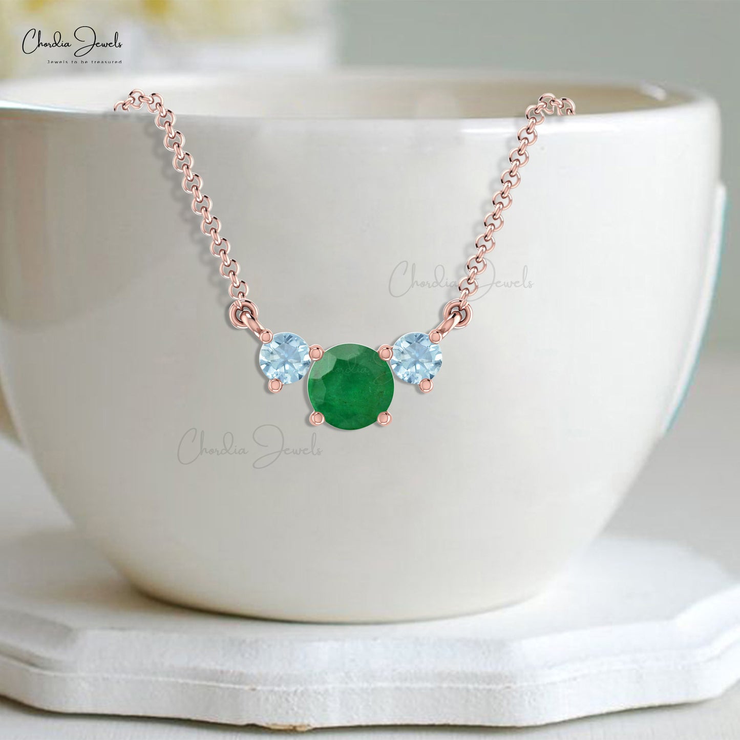 Natural Round Emerald & Aquamarine 3 Stone Necklace 14k Solid Gold Fine Gemstone Necklace For Her