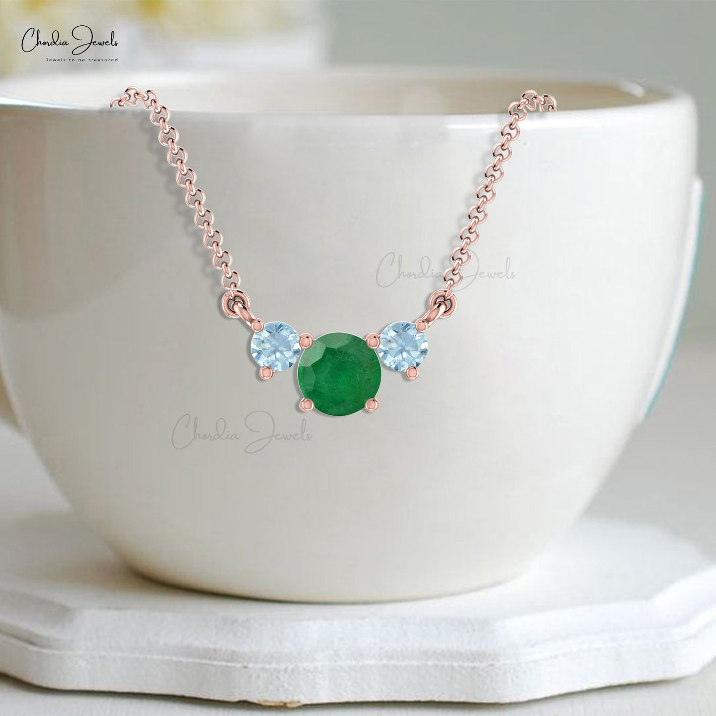 Three Stone Emerald and Aquamarine Necklace in 14K Gold