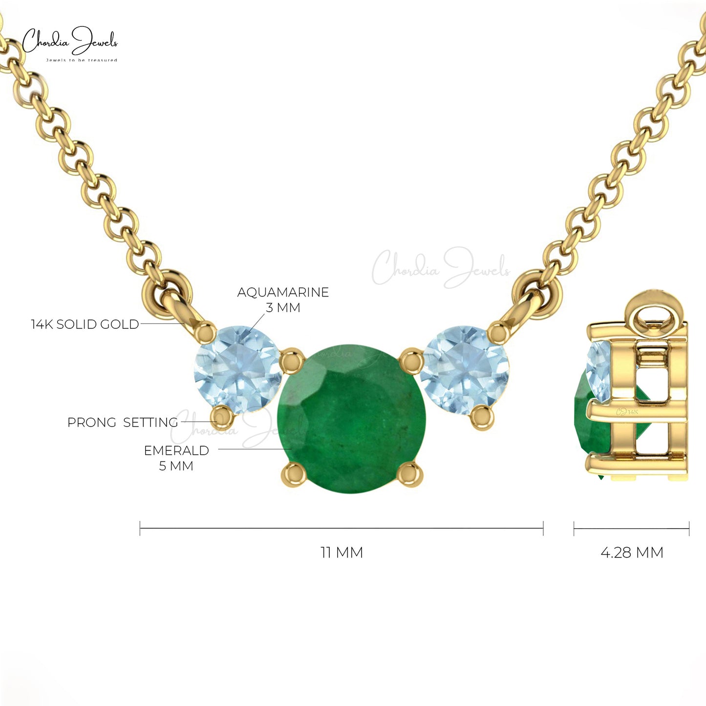 Natural Round Emerald & Aquamarine 3 Stone Necklace 14k Solid Gold Fine Gemstone Necklace For Her