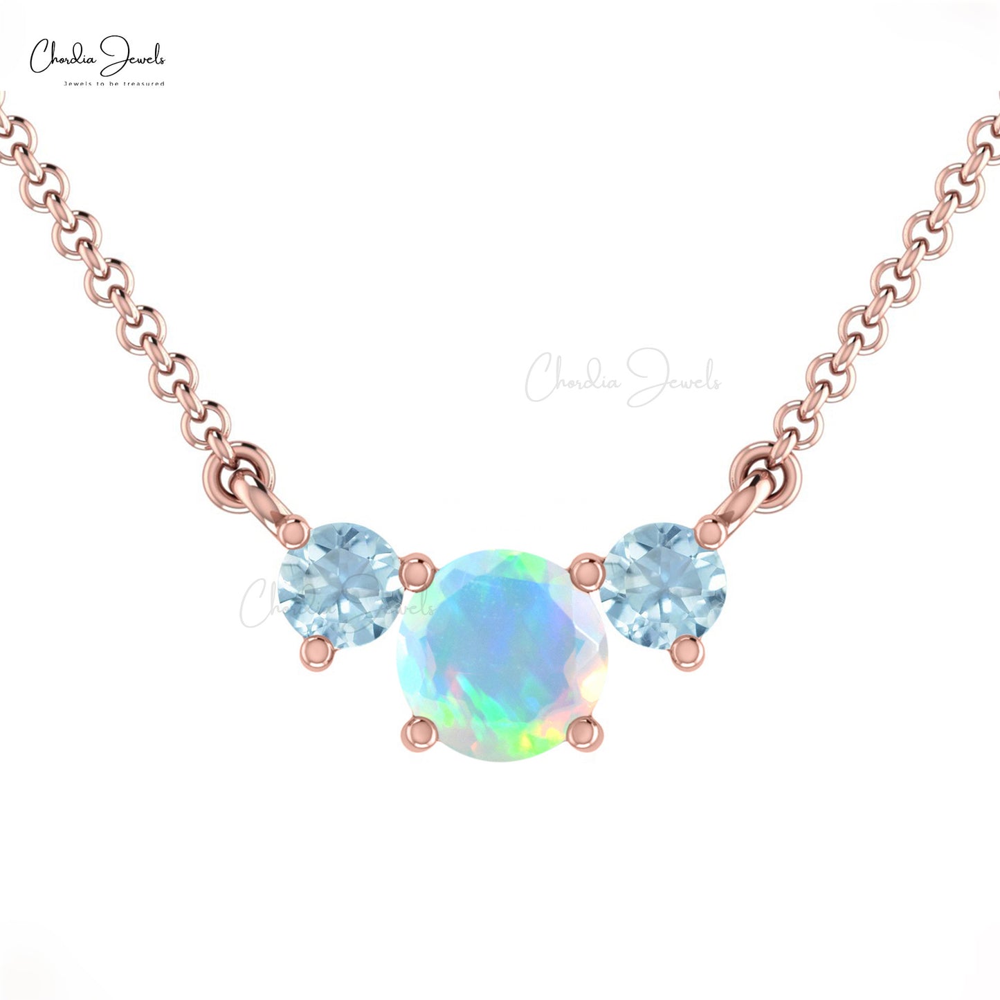 Classic Round AAA Opal and Aquamarine Three Stone Necklace in 14K Gold