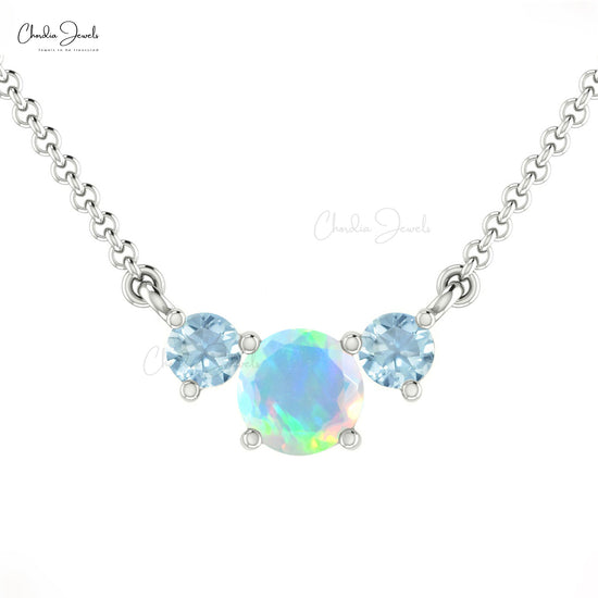 Classic Round AAA Opal and Aquamarine Three Stone Necklace in 14K Gold