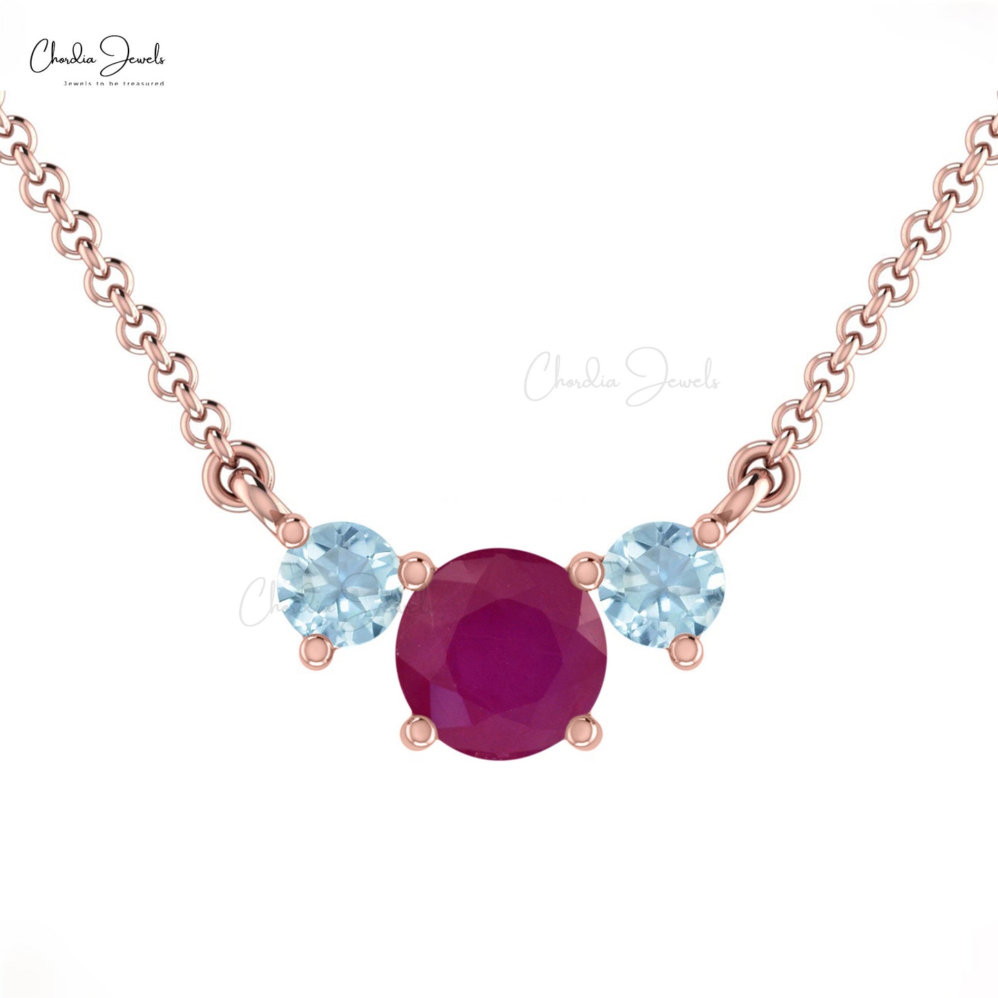 Solid 14k Gold 0.5ct Ruby Trilogy Necklace Natural Aquamarine Gemstone Statement Necklace