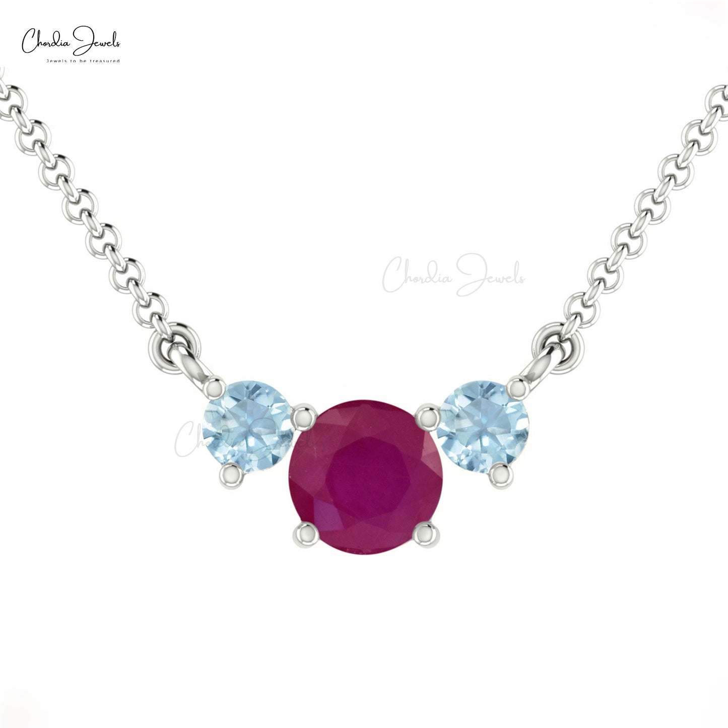 Solid 14k Gold 0.5ct Ruby Trilogy Necklace Natural Aquamarine Gemstone Statement Necklace