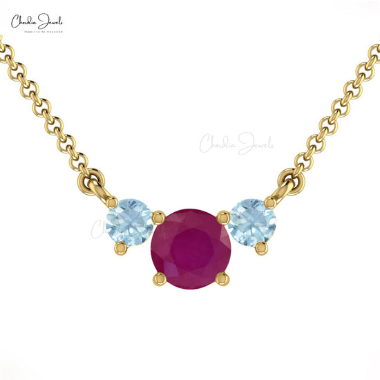 Solid 14k Gold 0.5ct Ruby Trilogy Necklace Natural Aquamarine Gemstone Statement Necklace