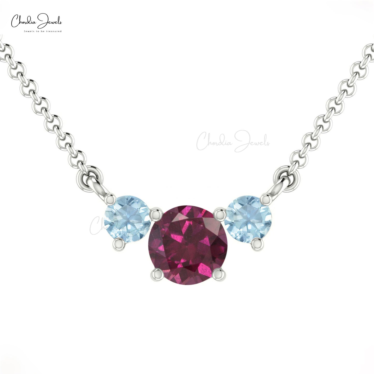 Three-Stone Necklace With Genuine Rhodolite Garnet & Aquamarine