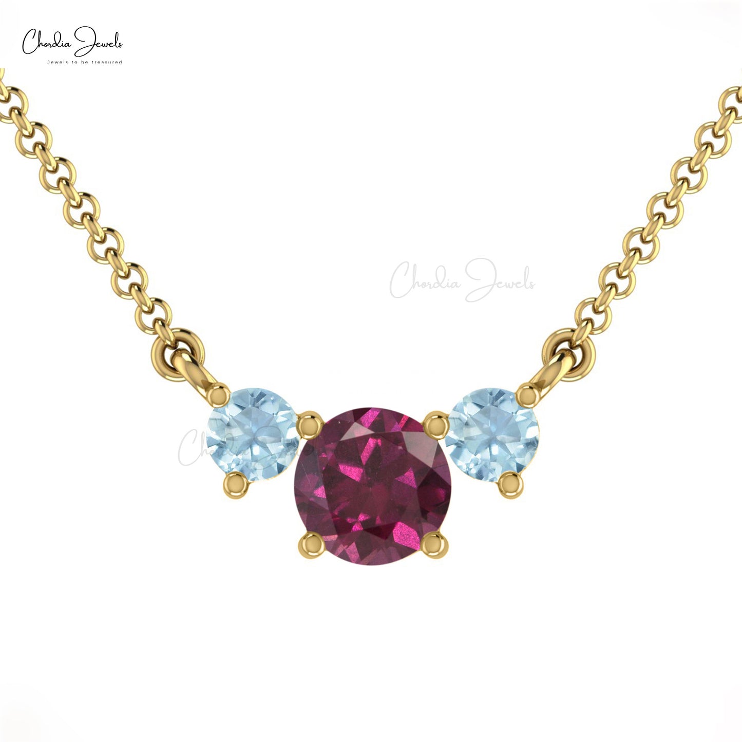 Three-Stone Necklace With Genuine Rhodolite Garnet & Aquamarine