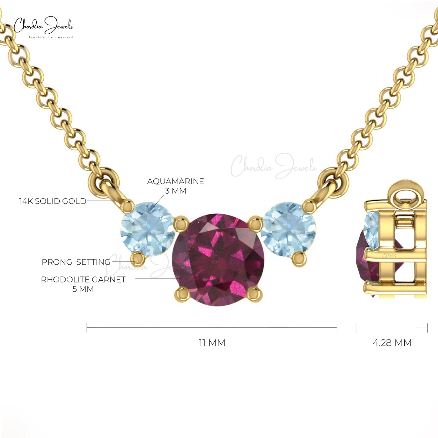 Three-Stone Necklace With Genuine Rhodolite Garnet & Aquamarine