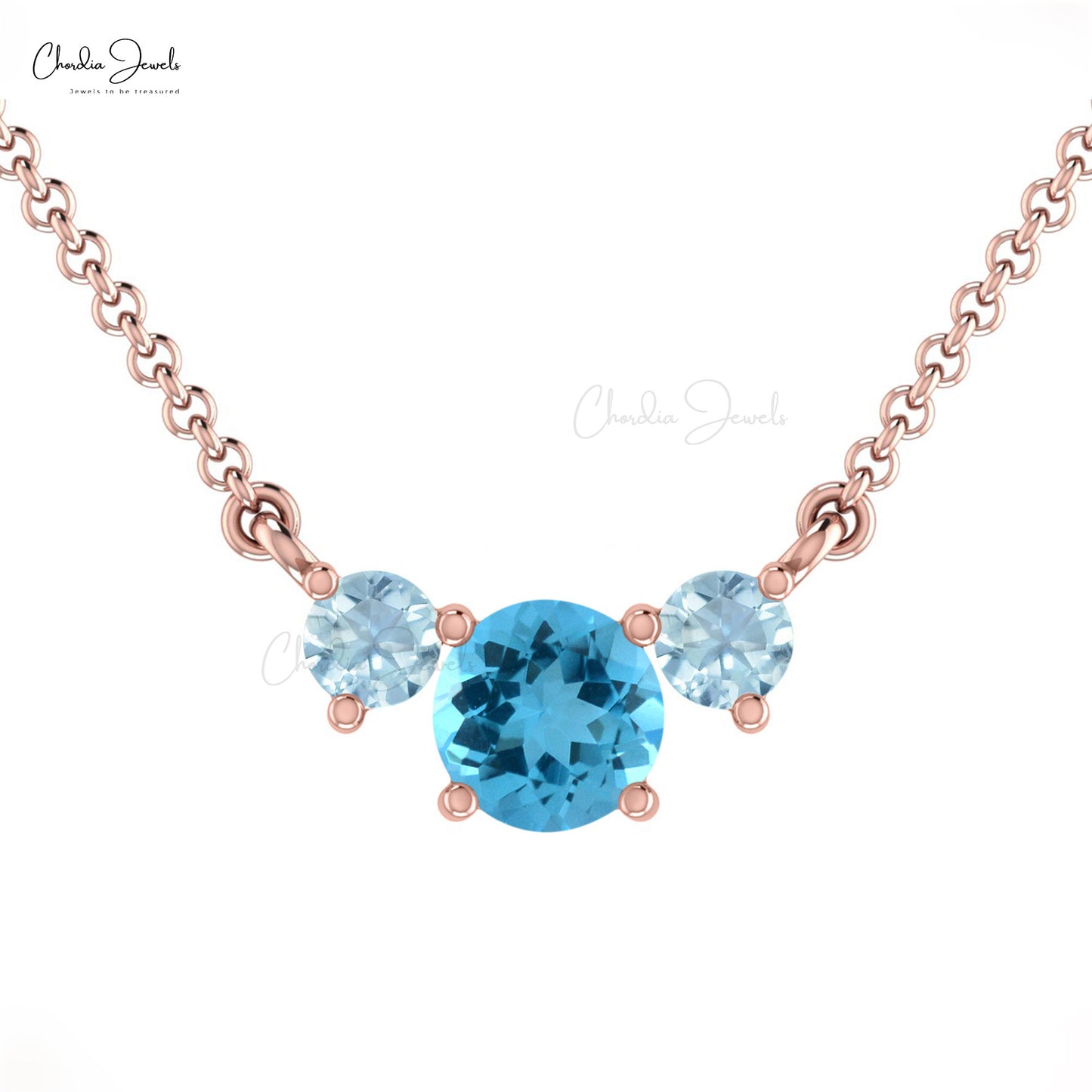 Solid 14k Gold Three Stone Necklace Genuine Swiss Blue Topaz & Aquamarine Prong Set Necklace