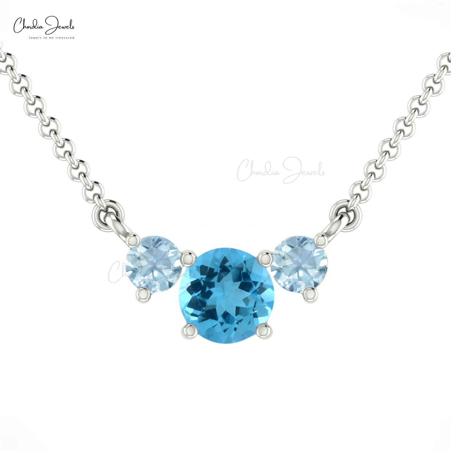 Solid 14k Gold Three Stone Necklace Genuine Swiss Blue Topaz & Aquamarine Prong Set Necklace