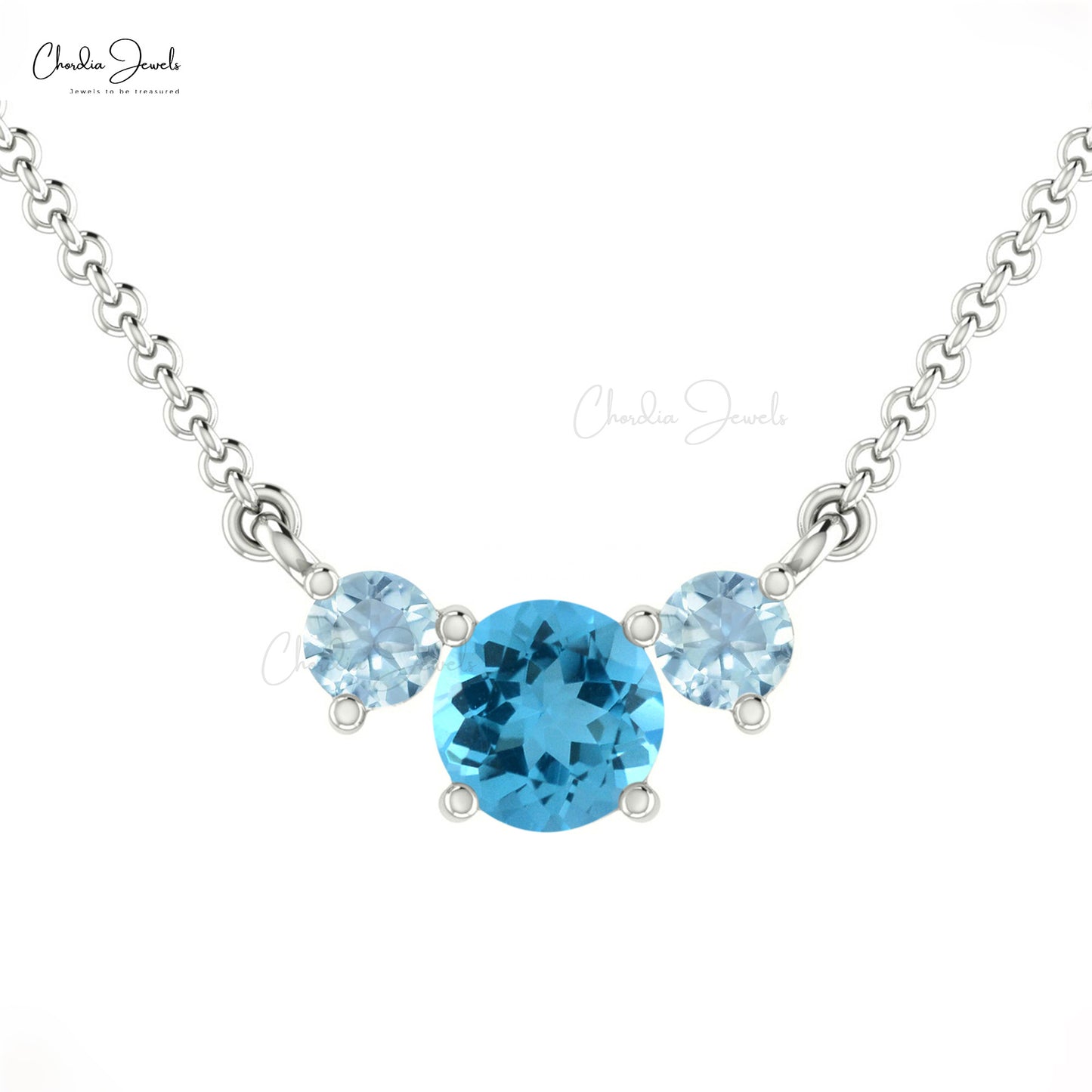Fine Jewelry 14K Solid Gold Prong Set Swiss Blue Topaz and Aquamarine Three Stone Necklace