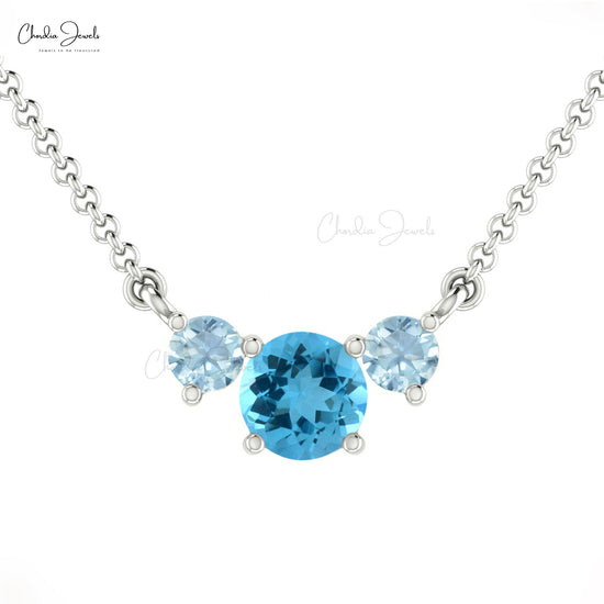 Fine Jewelry 14K Solid Gold Prong Set Swiss Blue Topaz and Aquamarine Three Stone Necklace