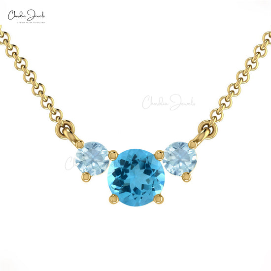 Solid 14k Gold Three Stone Necklace Genuine Swiss Blue Topaz & Aquamarine Prong Set Necklace