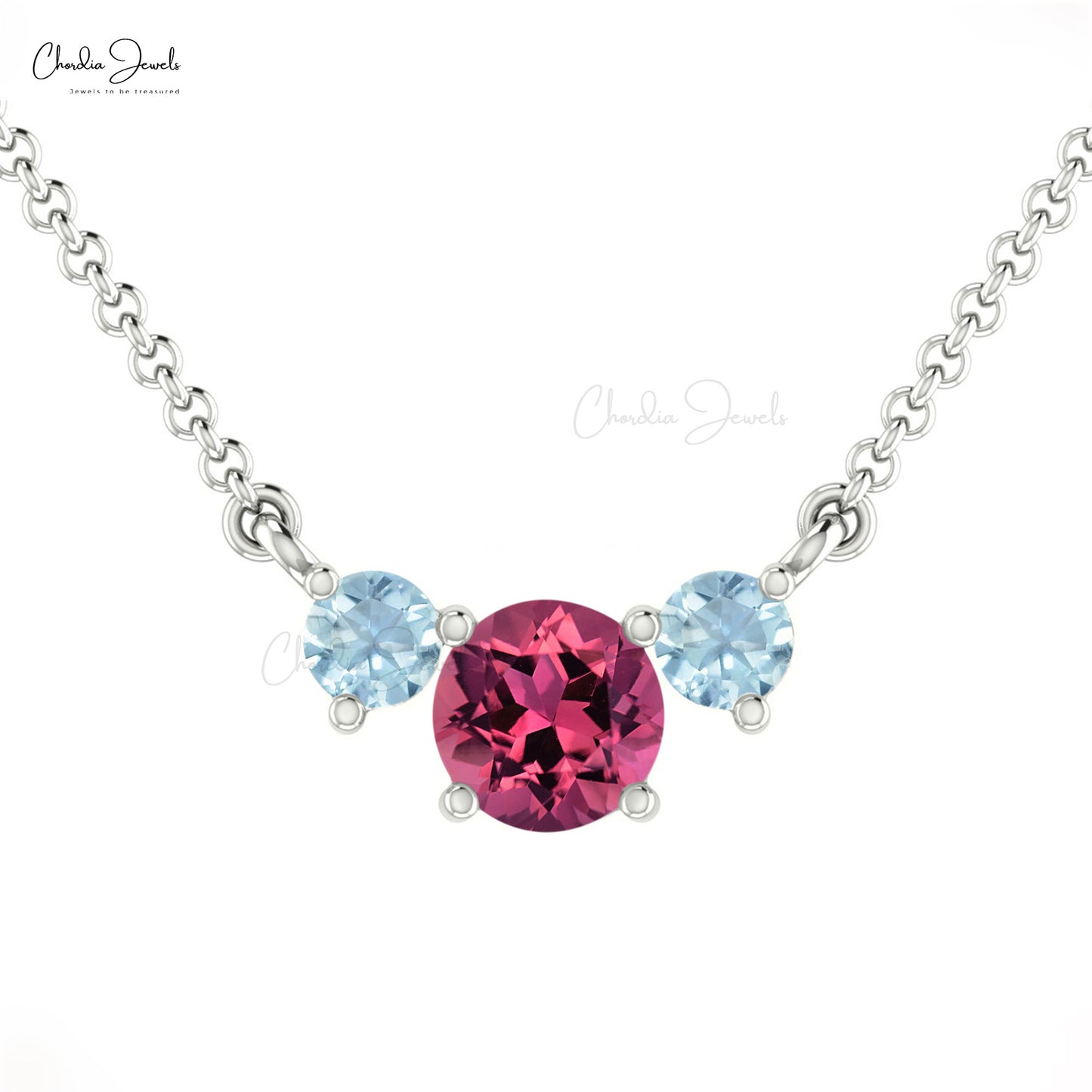 High Class Pink Tourmaline and Aquamarine Three Stone Necklace in 14K Gold for Girls