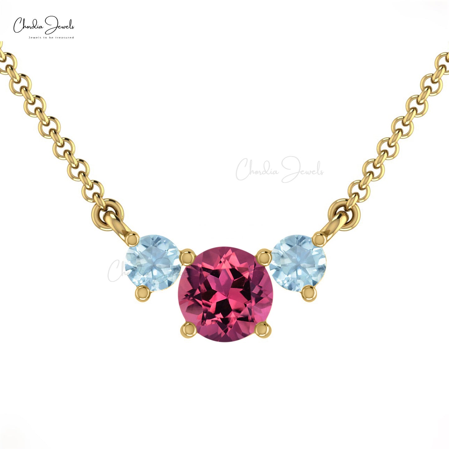 High Class Pink Tourmaline and Aquamarine Three Stone Necklace in 14K Gold for Girls