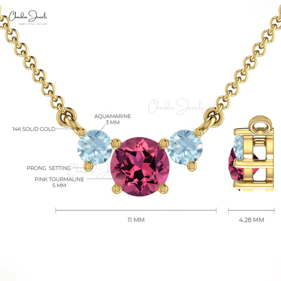 High Class Pink Tourmaline and Aquamarine Three Stone Necklace in 14K Gold for Girls