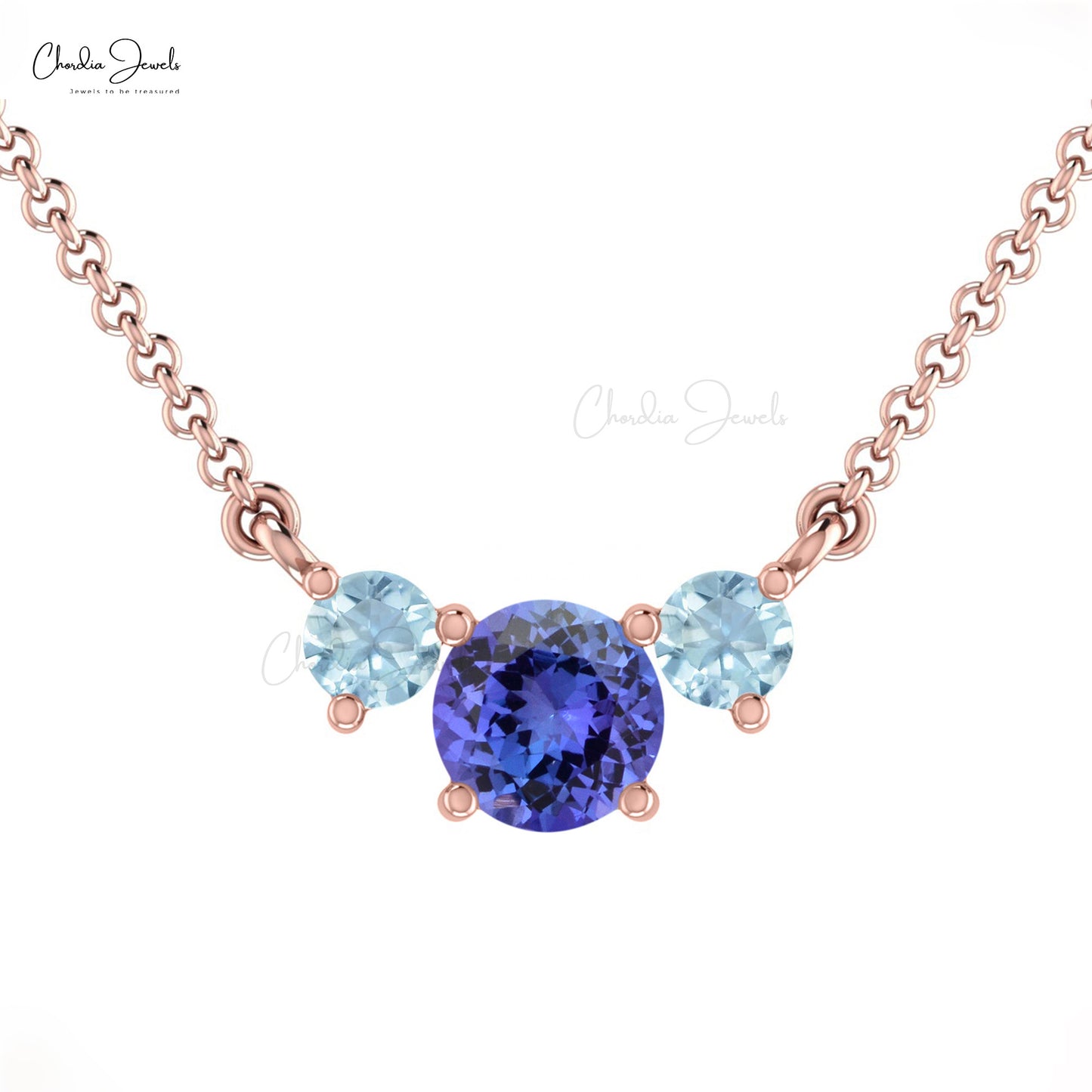 Three-Stone Tanzanite & Aquamarine Necklace Real 14k Gold Prong Set Necklace For Bridesmaid Gift