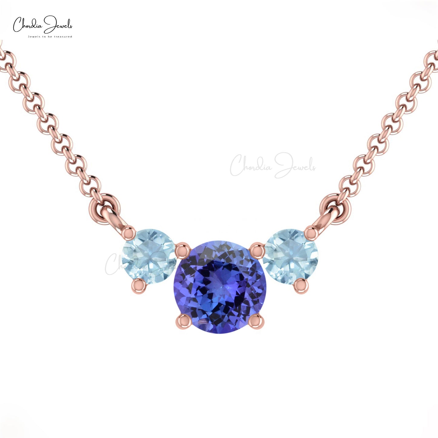 Load image into Gallery viewer, Authentic Tanzanite &amp;amp; Aquamarine Round Shape 3-Stone Necklace 14k Solid Gold December Birthstone Light Weight Jewelry For Women
