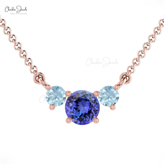 Three-Stone Tanzanite & Aquamarine Necklace Real 14k Gold Prong Set Necklace For Bridesmaid Gift