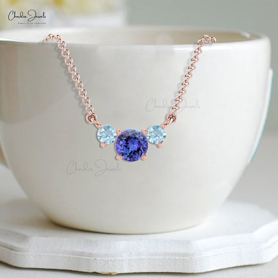 Three-Stone Tanzanite & Aquamarine Necklace Real 14k Gold Prong Set Necklace For Bridesmaid Gift